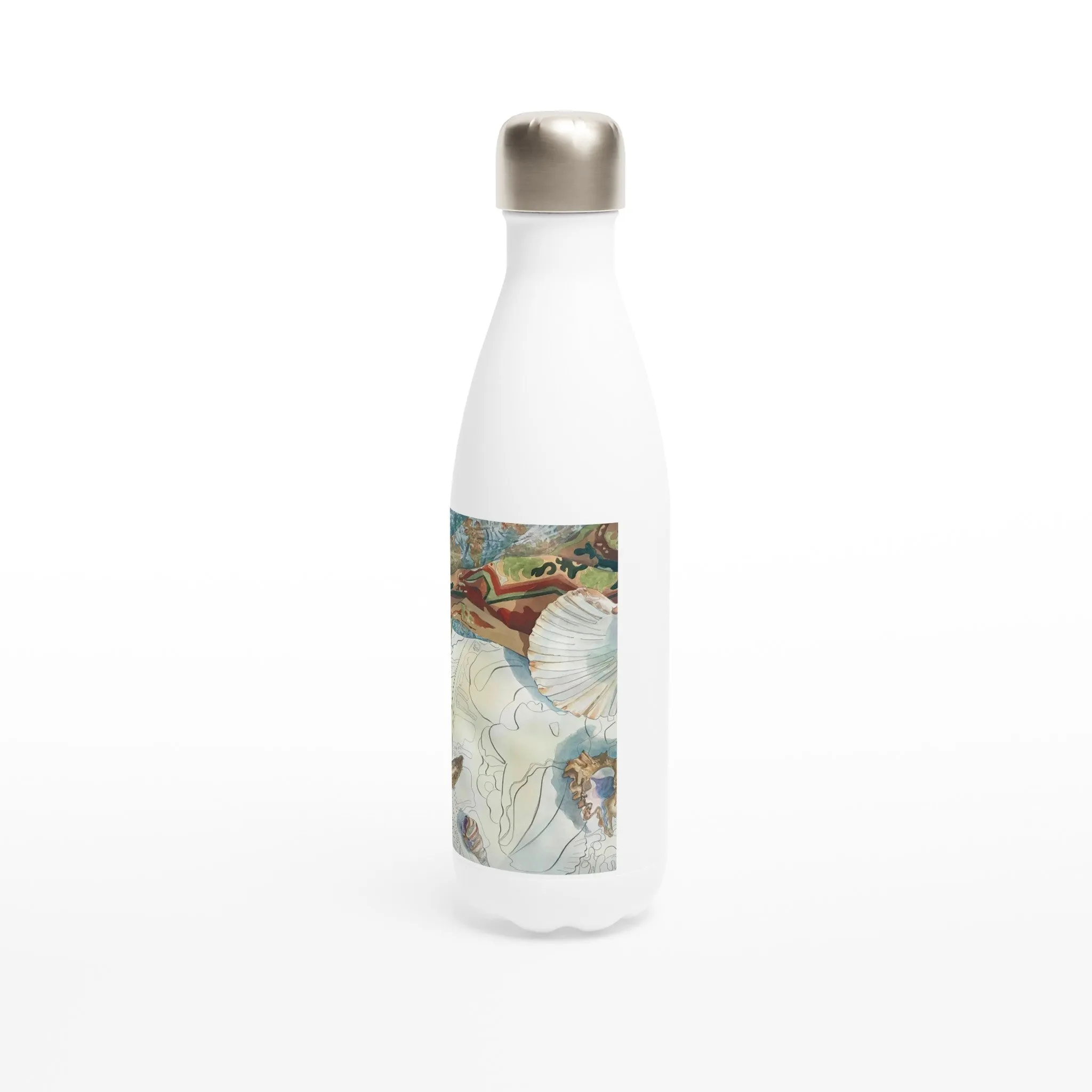 17oz White Stainless Steel Bottle with 'Shells' Watercolor Artwork by American Artist Barbara Cleary