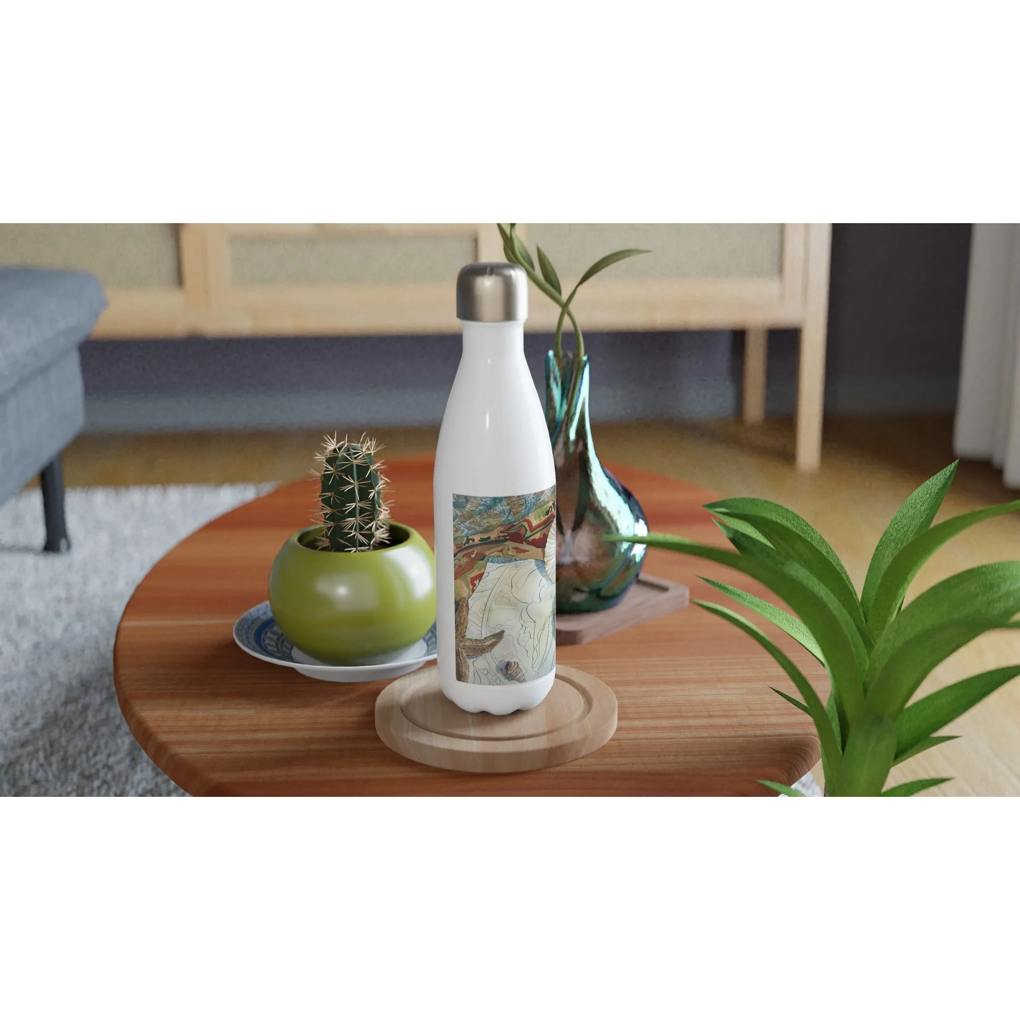 17oz White Stainless Steel Bottle with 'Shells' Watercolor Artwork by American Artist Barbara Cleary