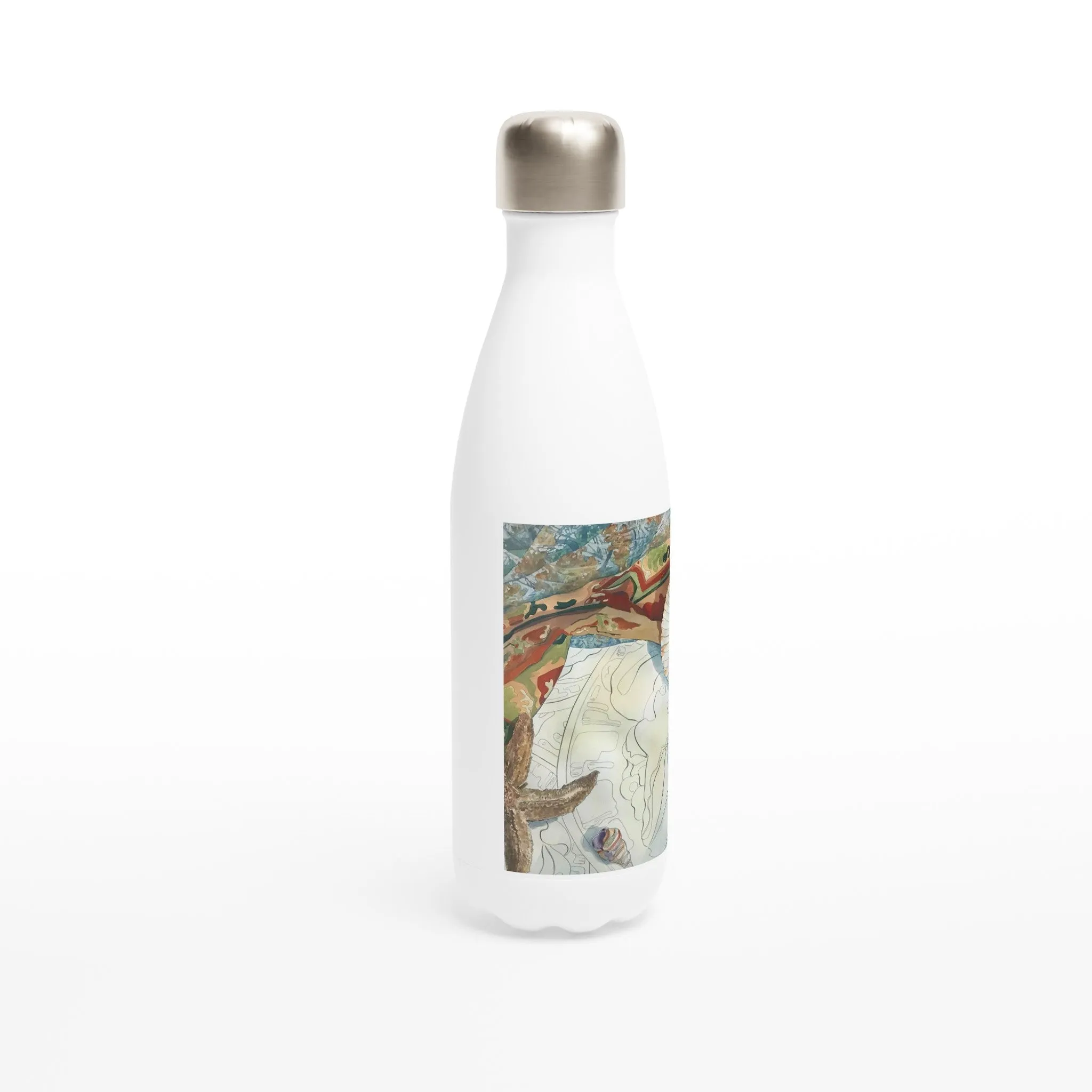 17oz White Stainless Steel Bottle with 'Shells' Watercolor Artwork by American Artist Barbara Cleary