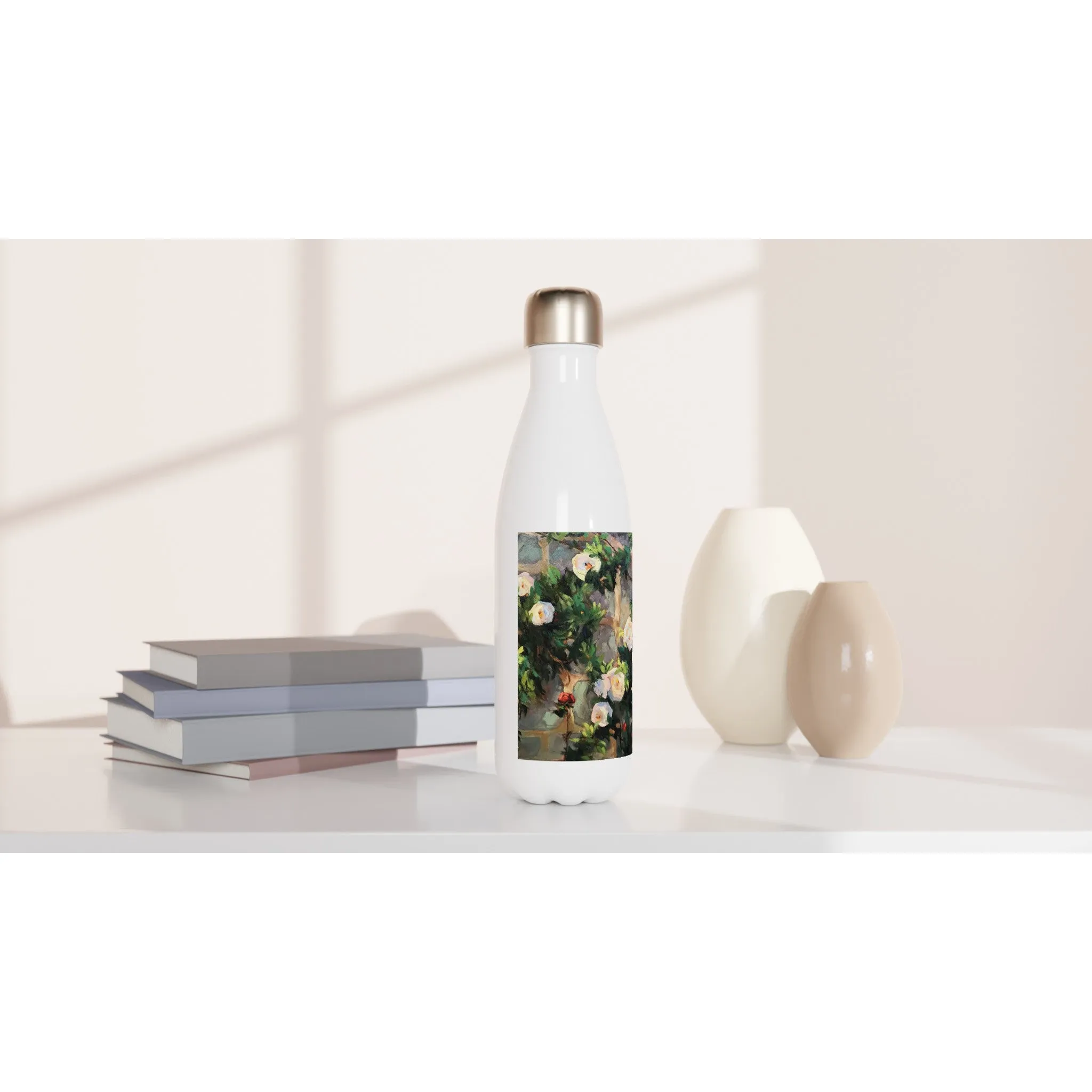 17oz White Stainless Steel Bottle with 'Vining White Roses' Floral Artwork by American Artist Barbara Cleary