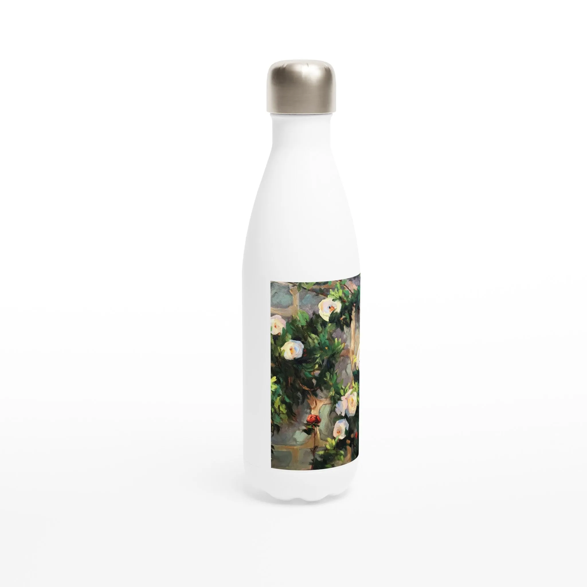 17oz White Stainless Steel Bottle with 'Vining White Roses' Floral Artwork by American Artist Barbara Cleary