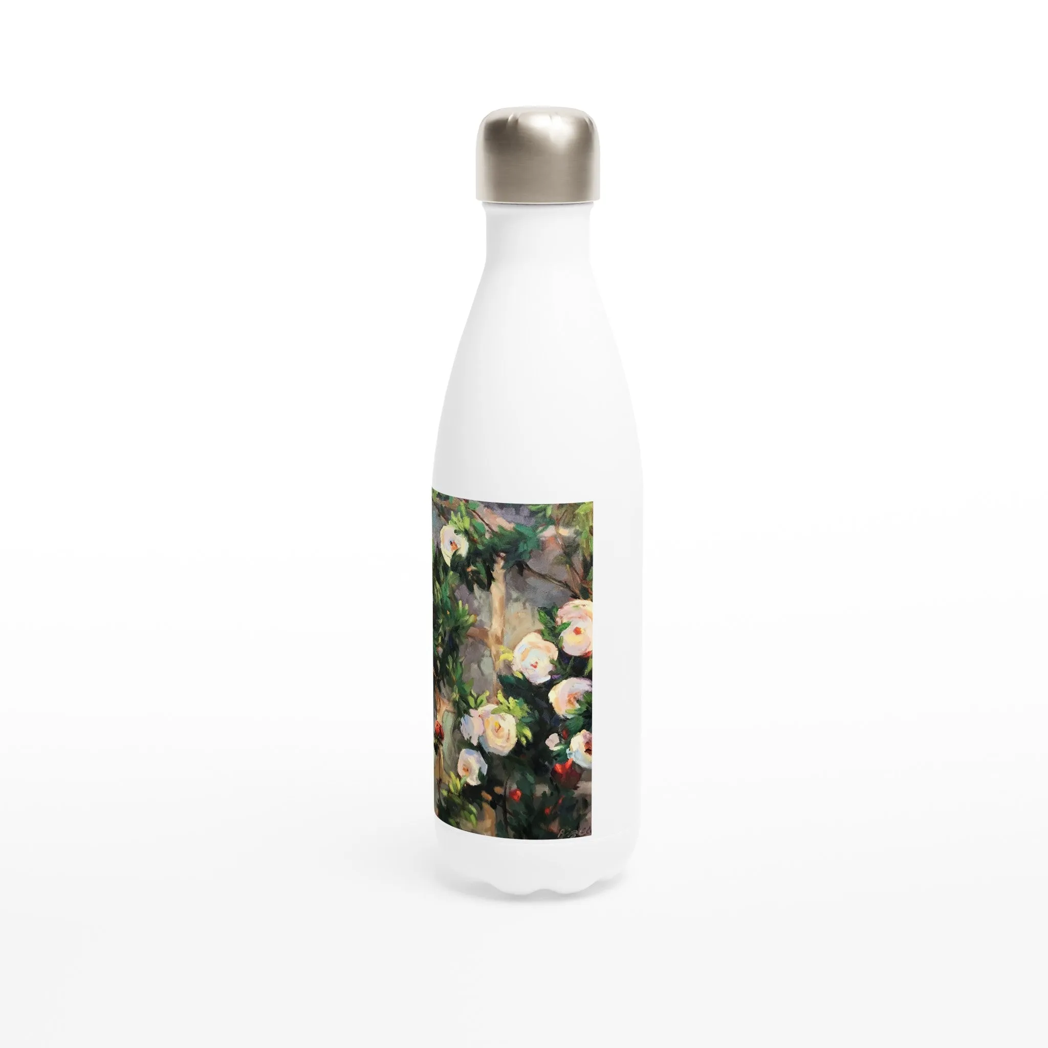 17oz White Stainless Steel Bottle with 'Vining White Roses' Floral Artwork by American Artist Barbara Cleary