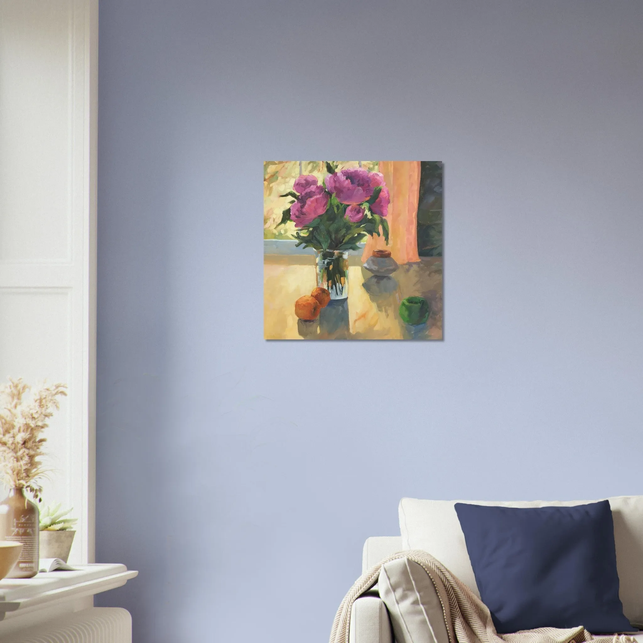 'Blooming Flowers and Fresh Fruit' Floral Still Life I 16x16 Museum-Quality Matte Paper Poster | Original Artwork by American Artist Barbara Cleary