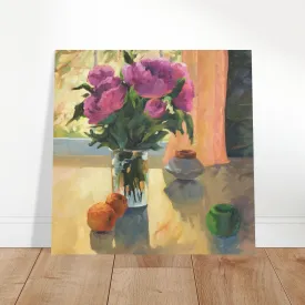 'Blooming Flowers and Fresh Fruit' Floral Still Life I 16x16 Museum-Quality Matte Paper Poster | Original Artwork by American Artist Barbara Cleary