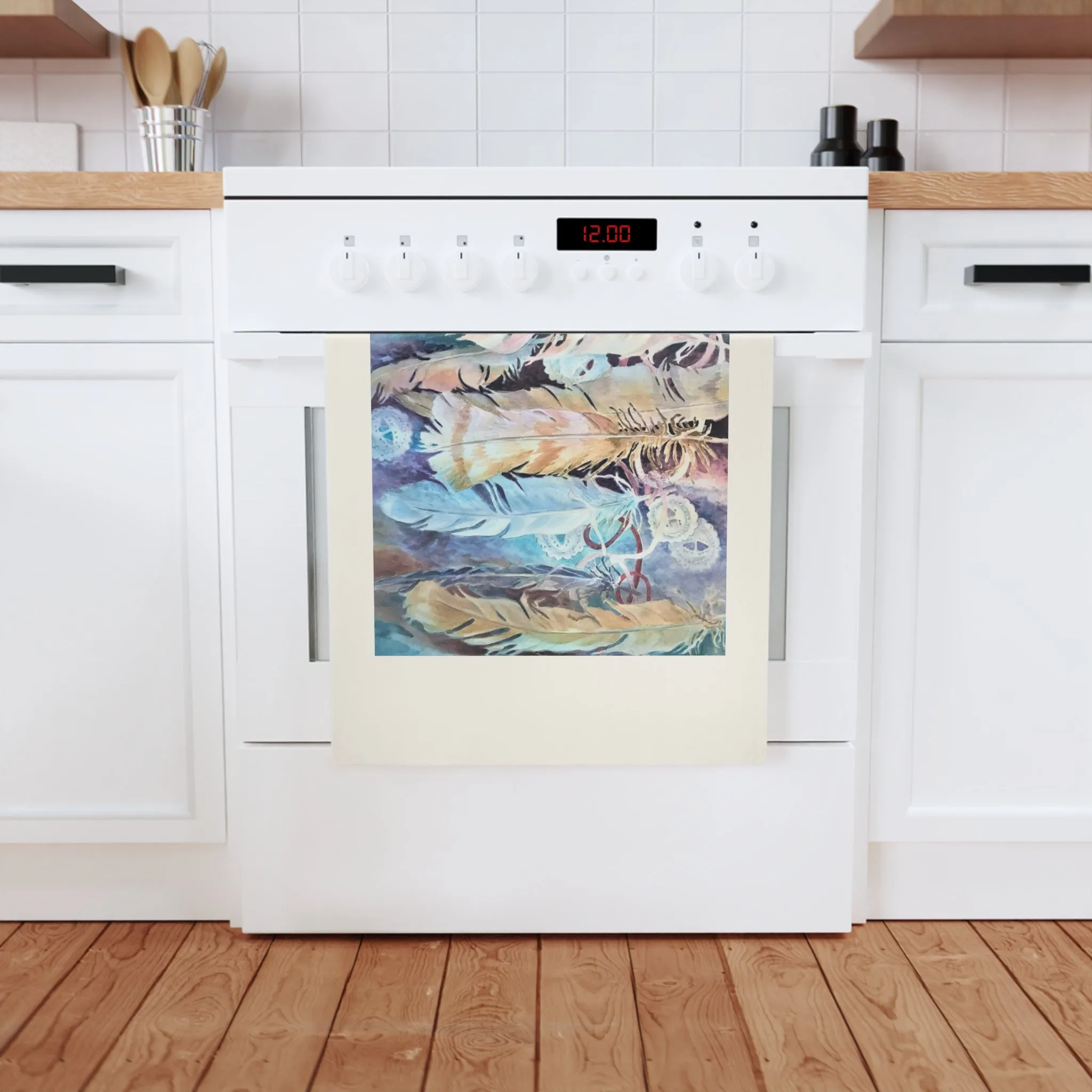 'Conchos Feathers' Organic Cotton Tea Towel I Original Artwork by American Artist Barbara Cleary | Barbara Cleary Designs