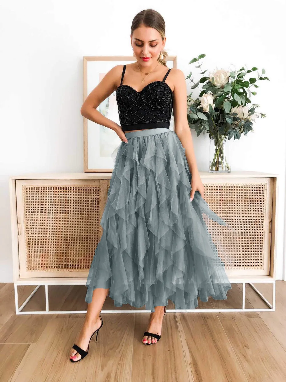 Elastic Waist Tulle Tiered Classic Long Skirt