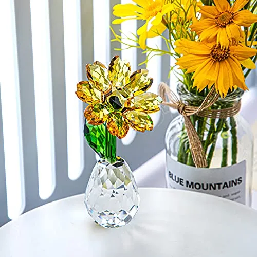 Qf Crystal Sunflower Figurine Table Crystal Flower Collectible Ornament Home Decoration Souvenir Gifts (Sunflower)