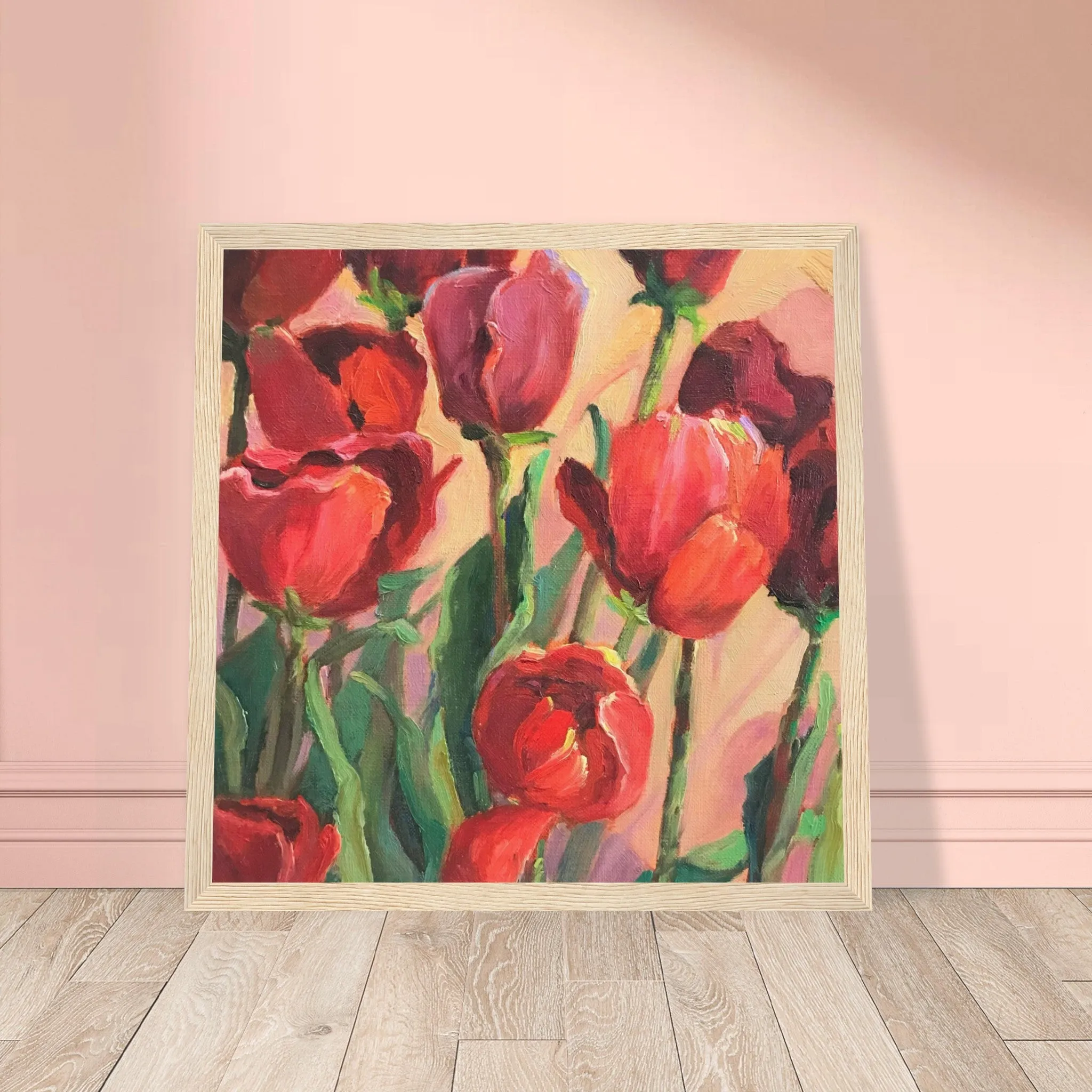 'Tulips' Floral I 12x12 inch Wooden Framed Art Print I Original Artwork by American Artist Barbara Cleary