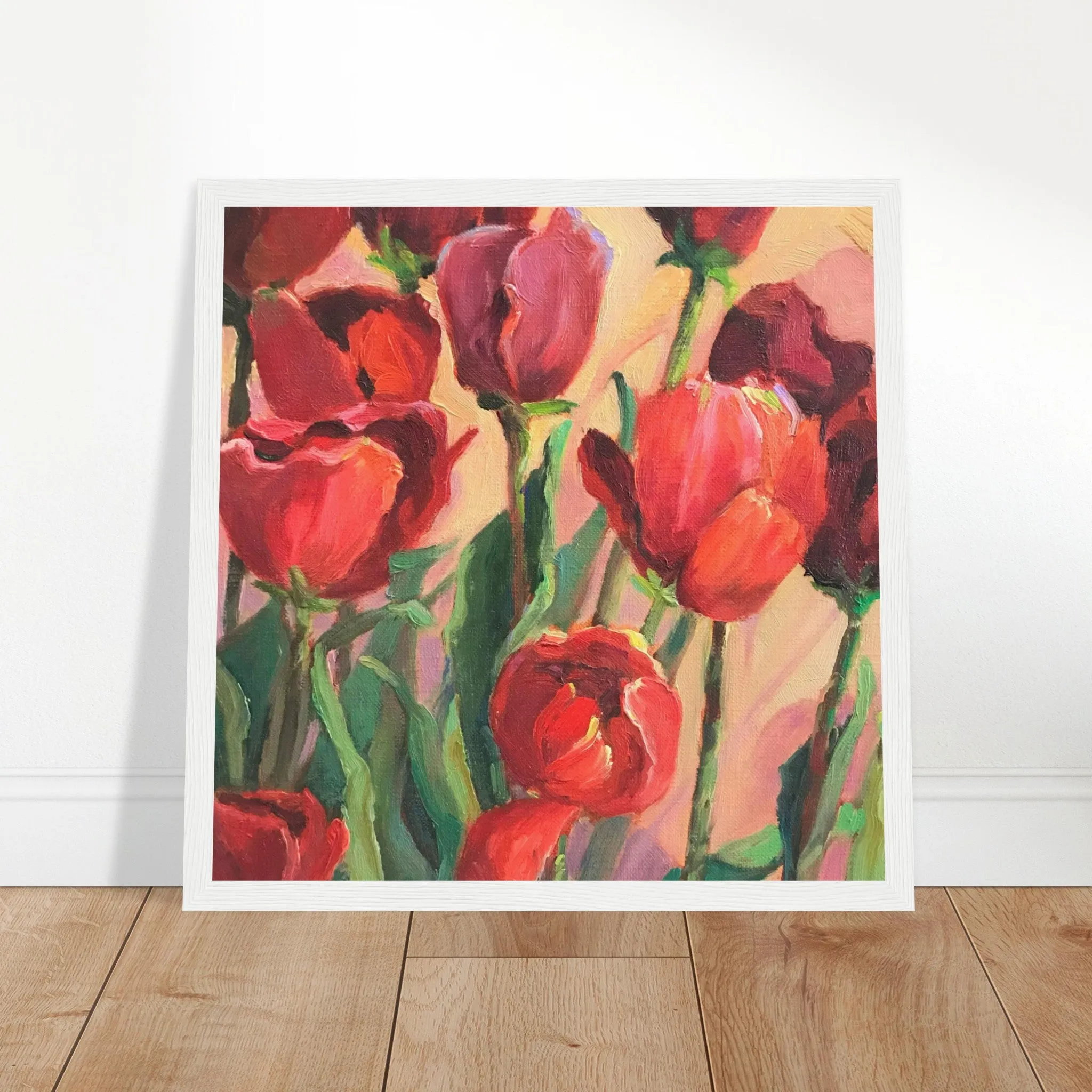 'Tulips' Floral I 12x12 inch Wooden Framed Art Print I Original Artwork by American Artist Barbara Cleary