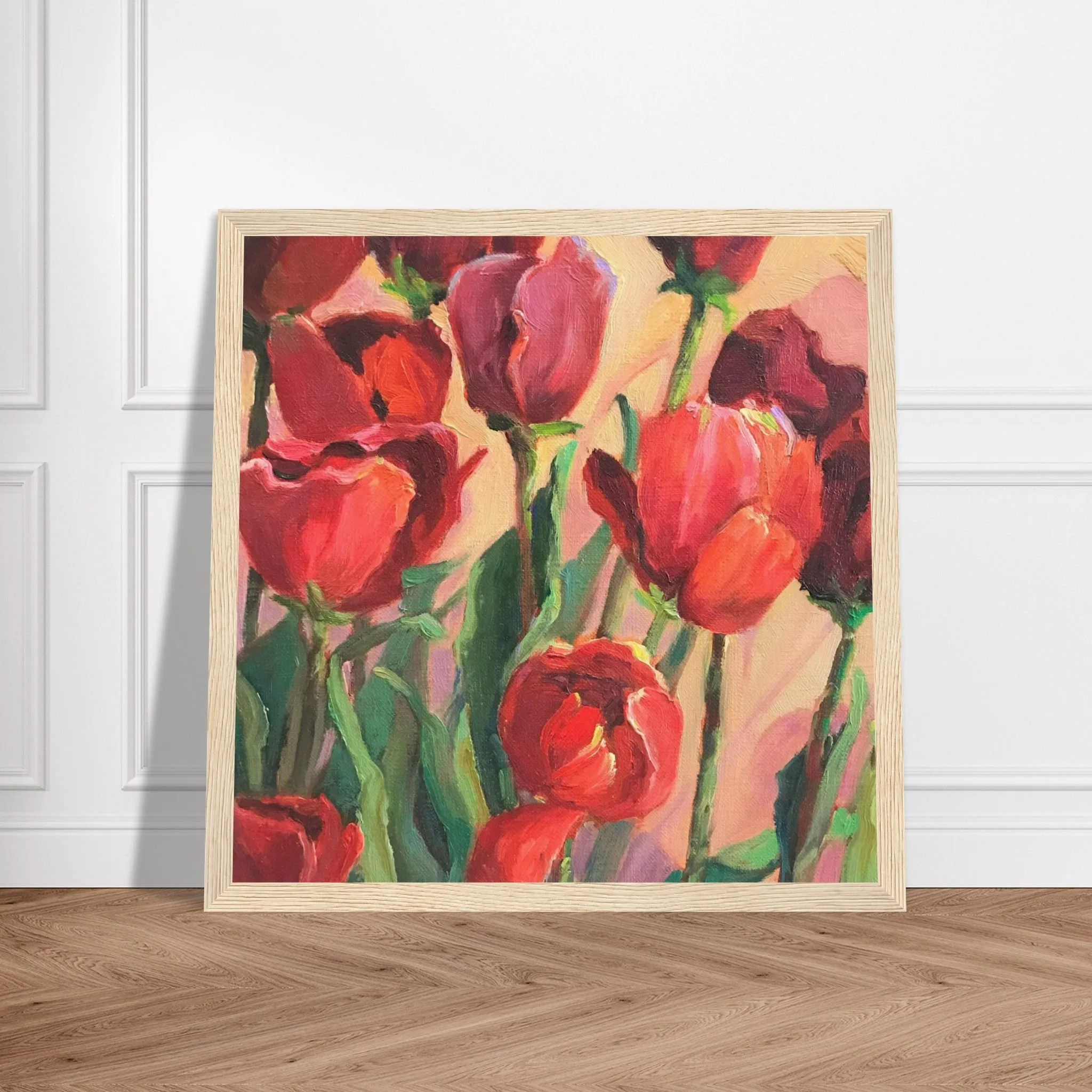 'Tulips' Floral I 12x12 inch Wooden Framed Art Print I Original Artwork by American Artist Barbara Cleary