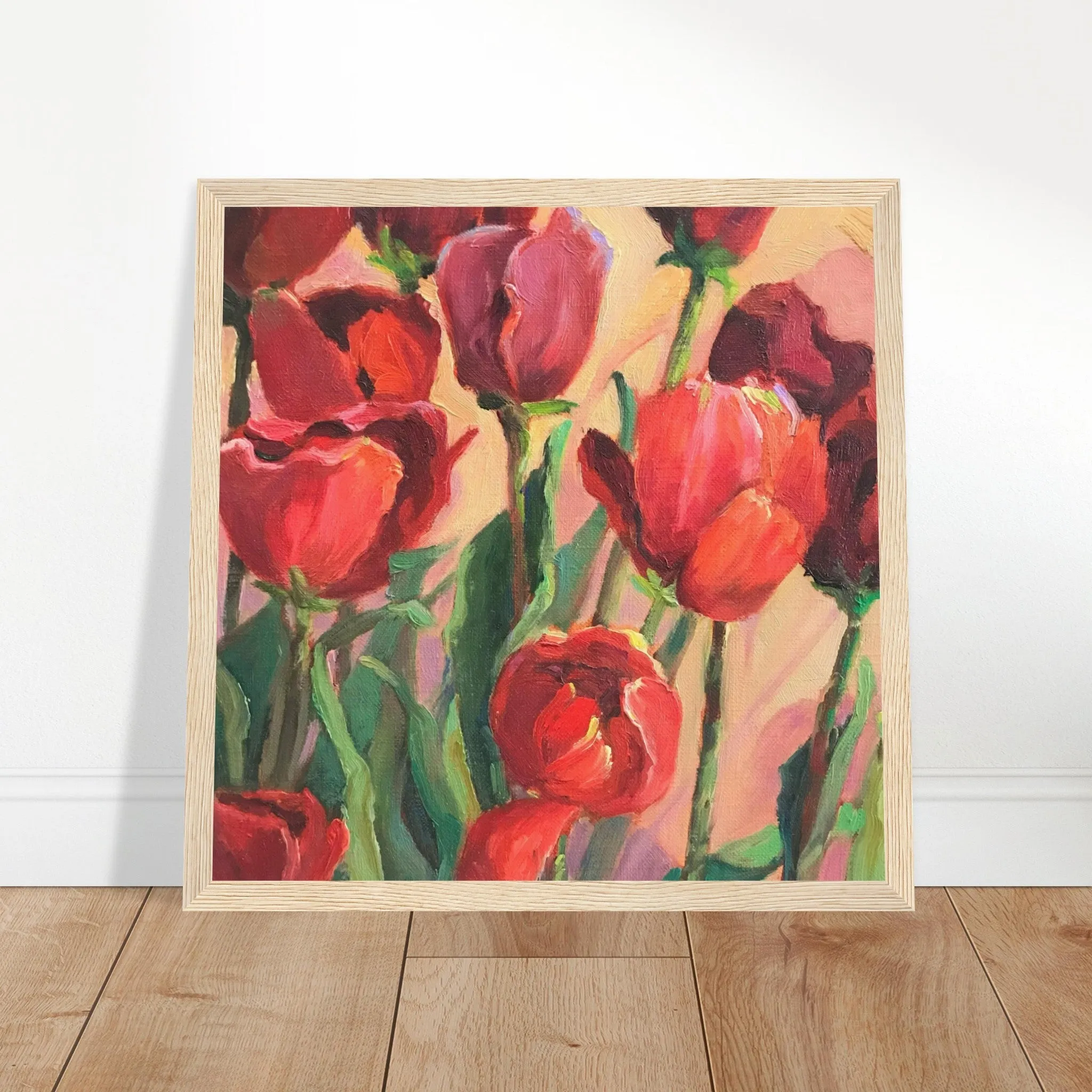 'Tulips' Floral I 12x12 inch Wooden Framed Art Print I Original Artwork by American Artist Barbara Cleary