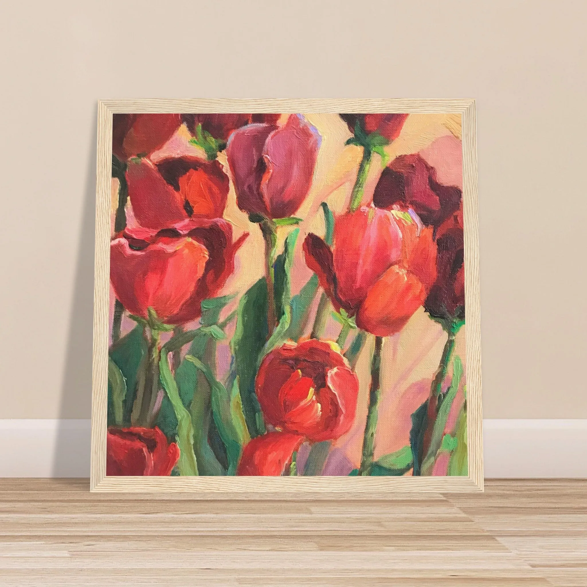 'Tulips' Floral I 12x12 inch Wooden Framed Art Print I Original Artwork by American Artist Barbara Cleary