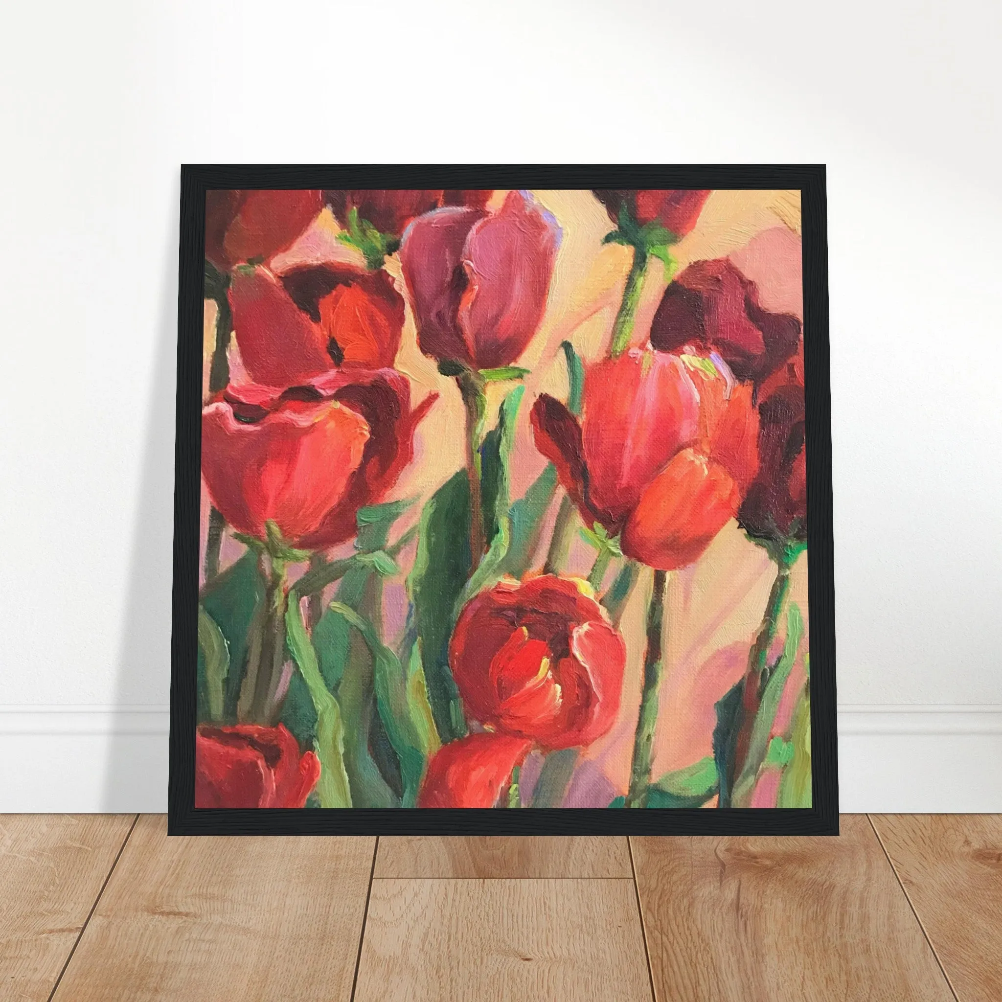 'Tulips' Floral I 12x12 inch Wooden Framed Art Print I Original Artwork by American Artist Barbara Cleary